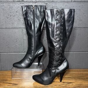 Two Lips Black Leather Knee-High Stiletto Heeled Boots Women’s Size 10